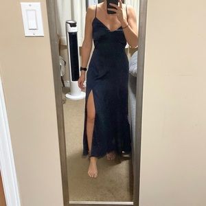 Navy Floor Length Satin Dress with Multi Wrap Bow